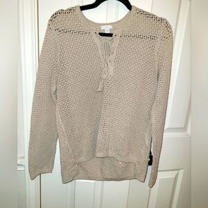 J. Jill Women's Crochet Knit Top Tunic Brown/Oatmeal Sleeve Lace Up Size Small
